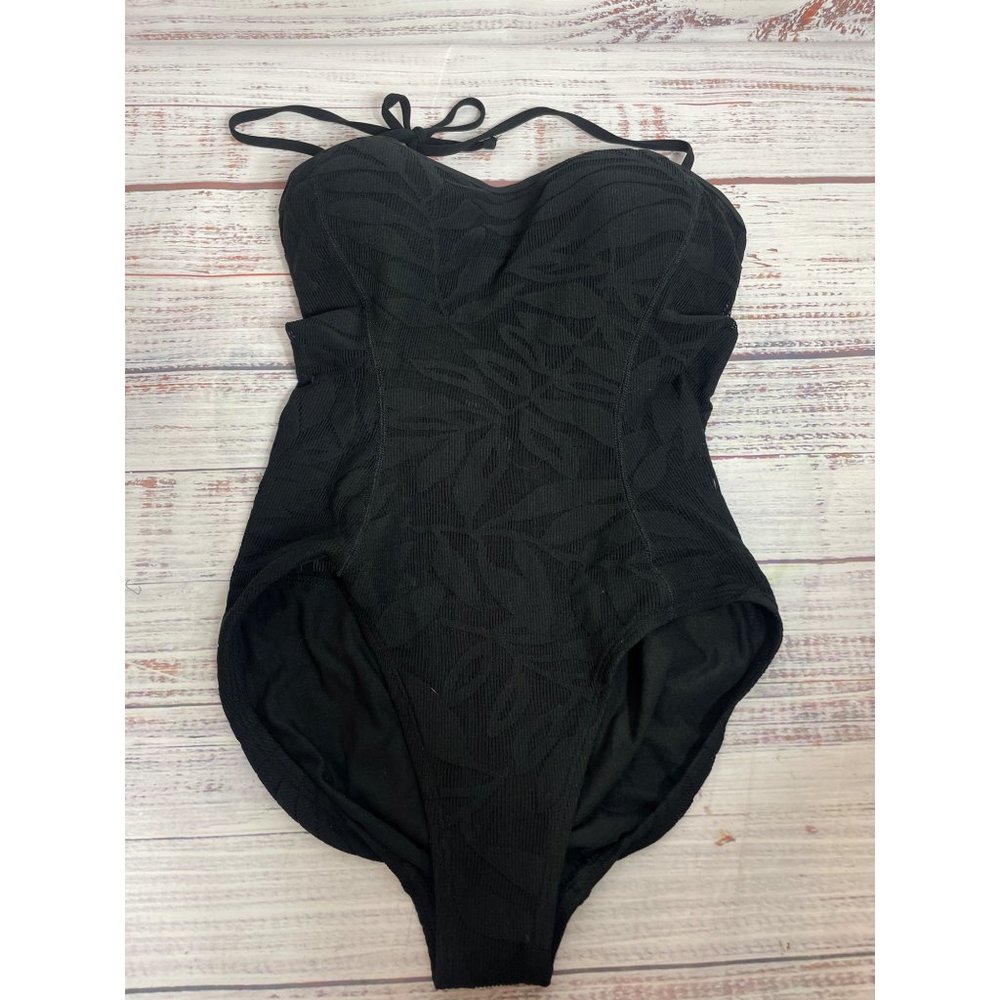ROBIN PICCONE One Piece See Through Black Leaves Swimsuit sz M/L